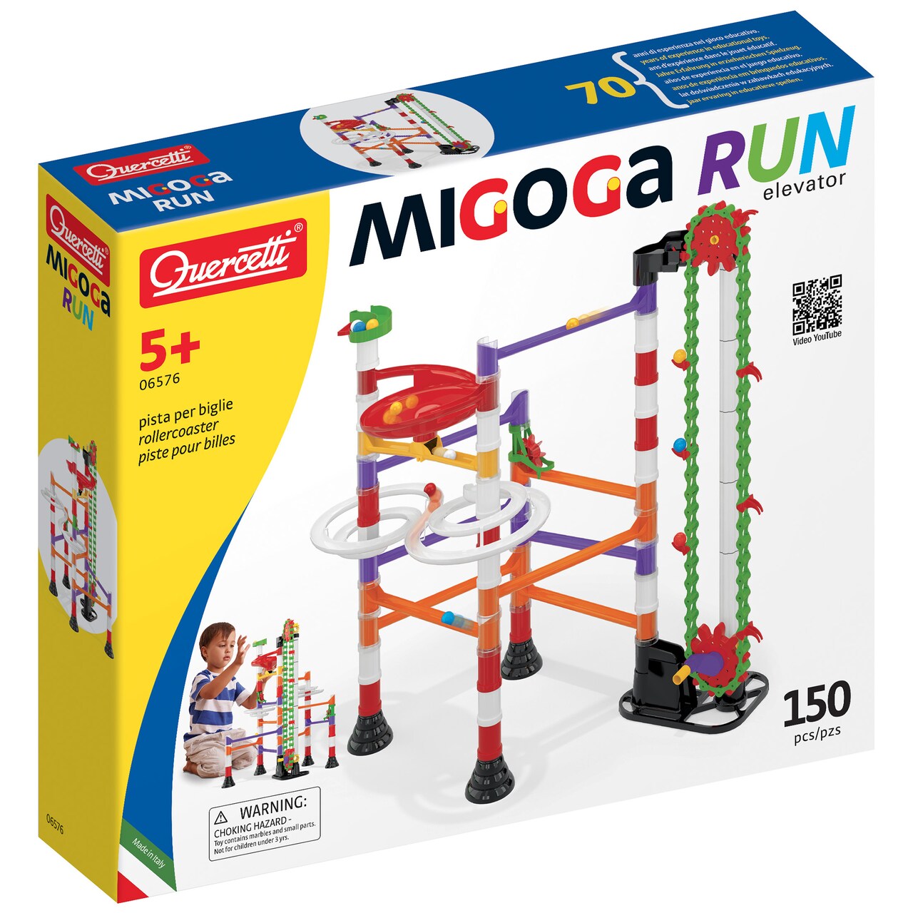 Quercetti: Migoga Run - Elevator - 150pc Marble Ball Run, Track Building Toy, Hand Crank-Funnels-Spirals, Colorful STEM Construction Playset, Kids 5+